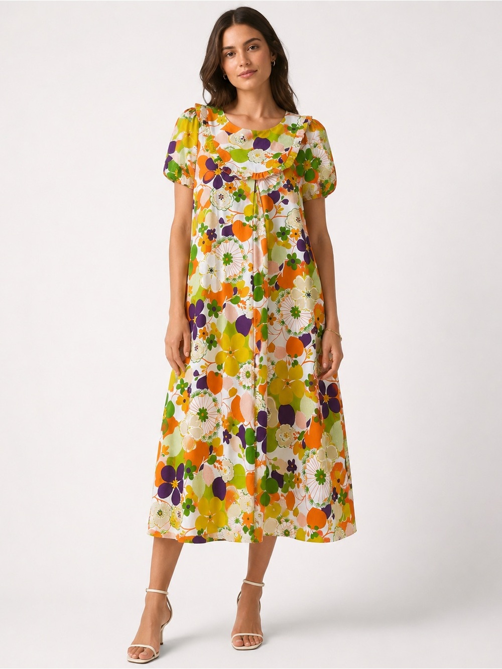 Vintage Hawaiian Muu Muu Dress 60s 70s Floral Maxi Mod Orange Green Purple